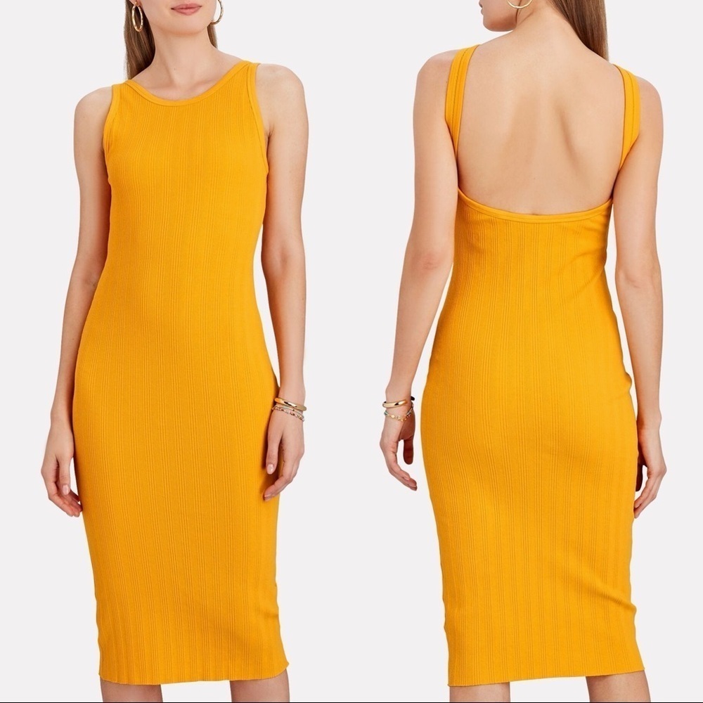 Enza Costa Mango Orange Low Back Bodycon Rib Knit Tank Midi Dress EUC Size Small
